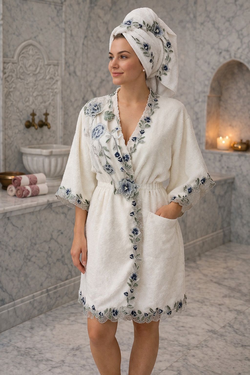 BALAYI BORNOZ TAKIMI KREM/LACİVERT