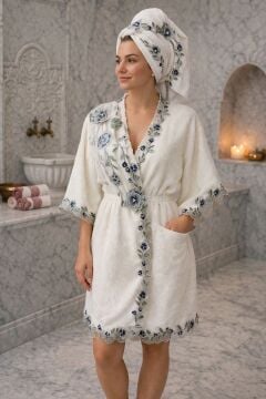 BALAYI BORNOZ TAKIMI KREM/LACİVERT