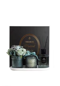 4 PARÇA ÇİÇEKLİ KOKU VE MUM SETİ YEŞİL